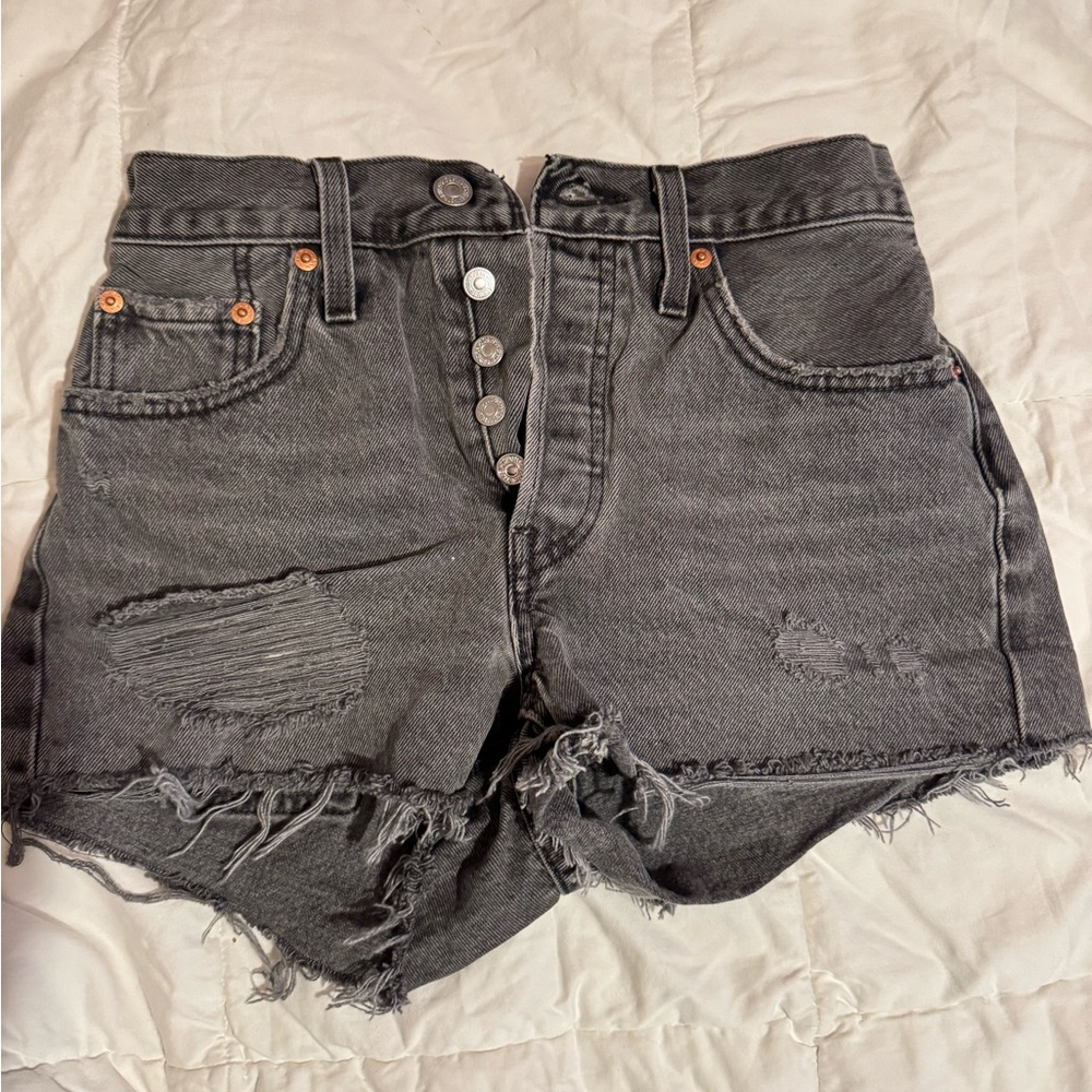 Levi’s Gray High-Waisted Jean Shorts with Distressed Edges